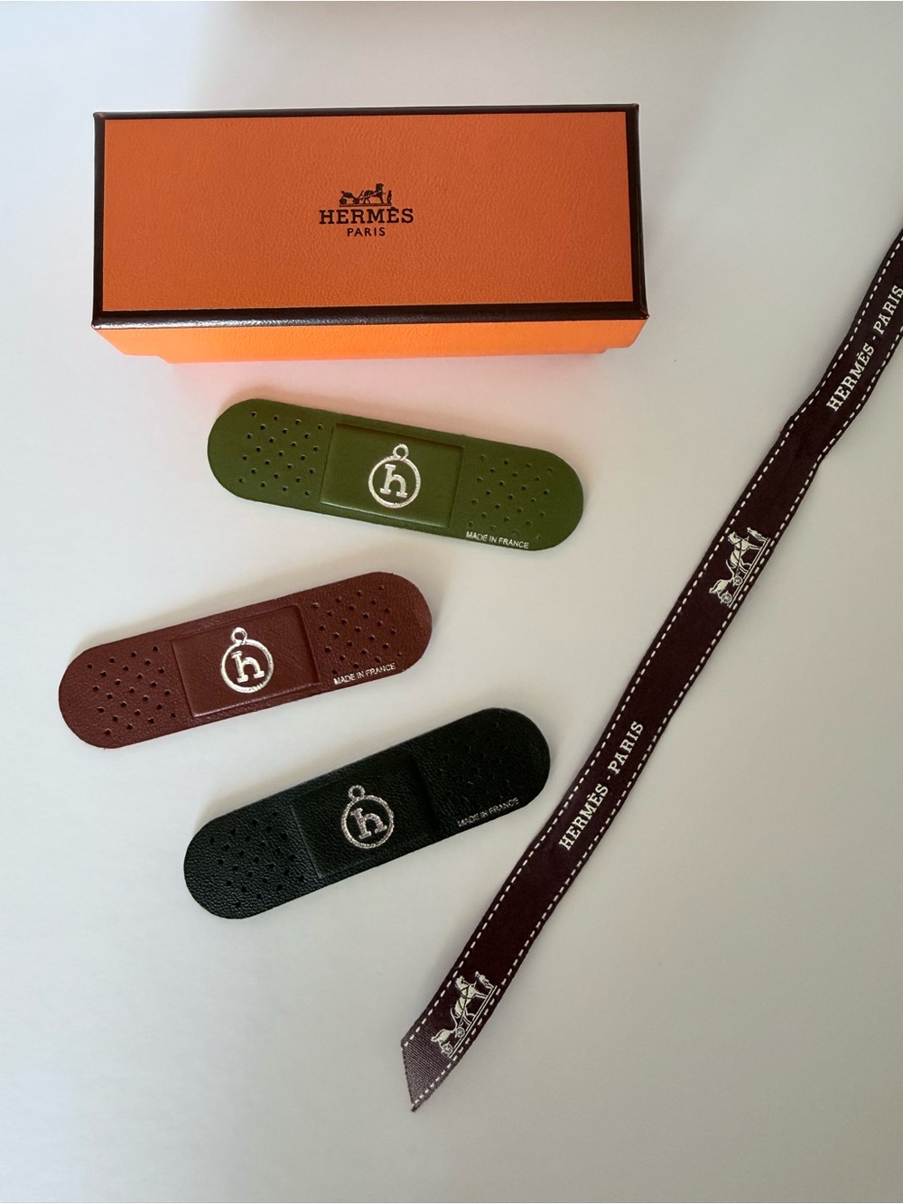 Hermes Leather Band-Aid Accessory Set in Lime Green, Brown, Dark Green